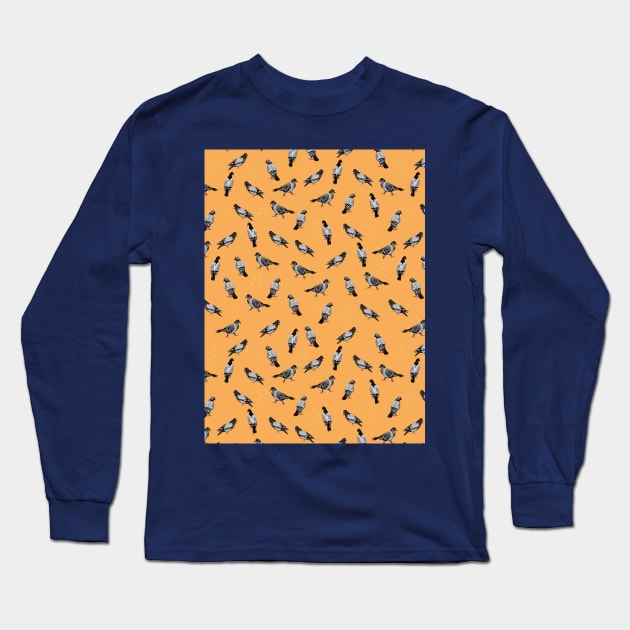 Pigeon Pattern On Yellow Long Sleeve T-Shirt by okpinsArtDesign